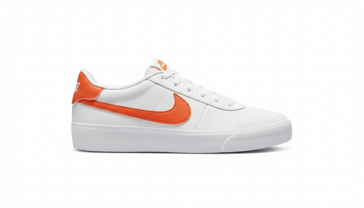 Court Shot sneaker in white synthetic leather with an orange Swoosh logo